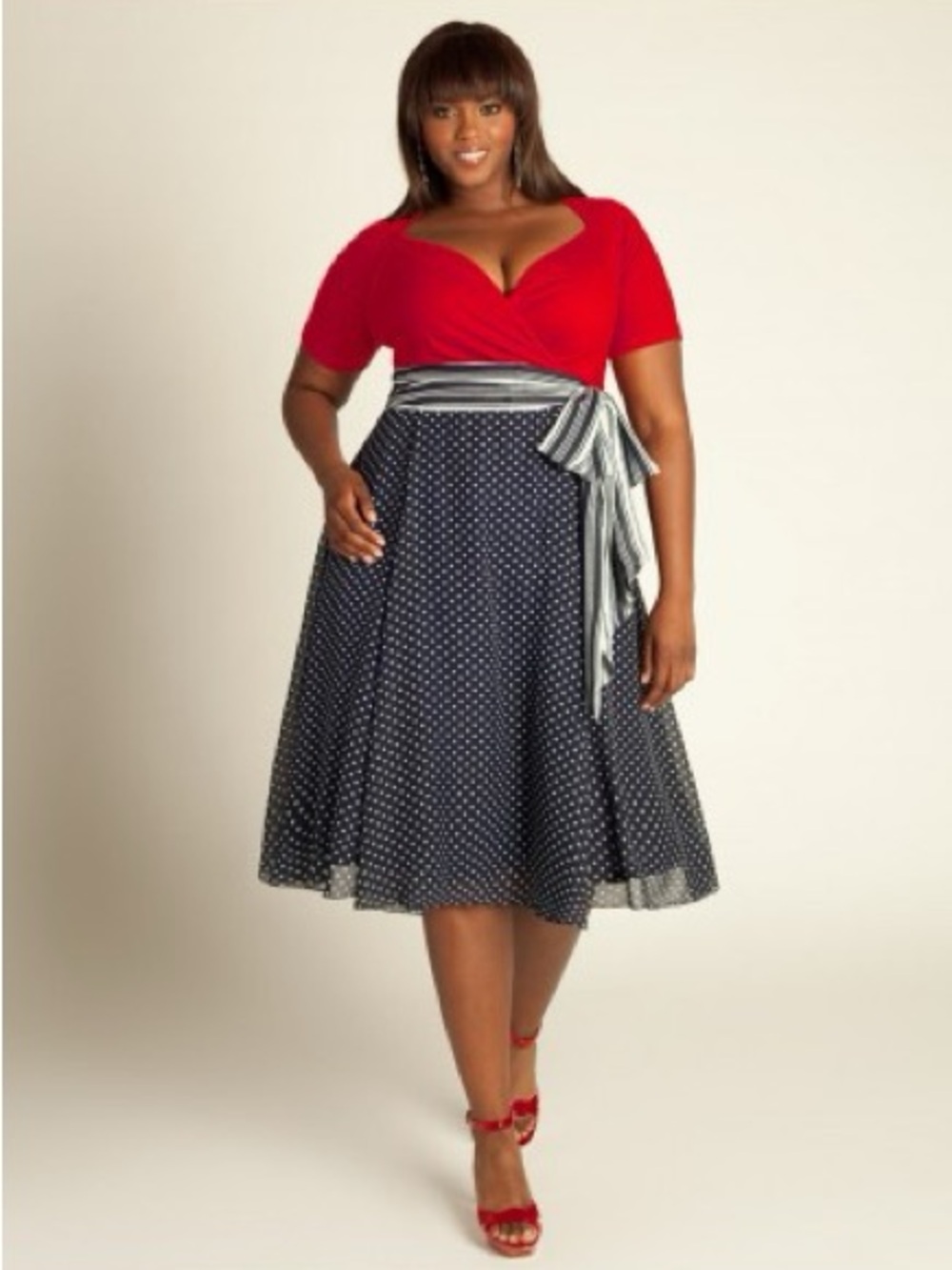 Igigi Red Top Navy Polka Dot Midi Dress with Gray Waist Sash